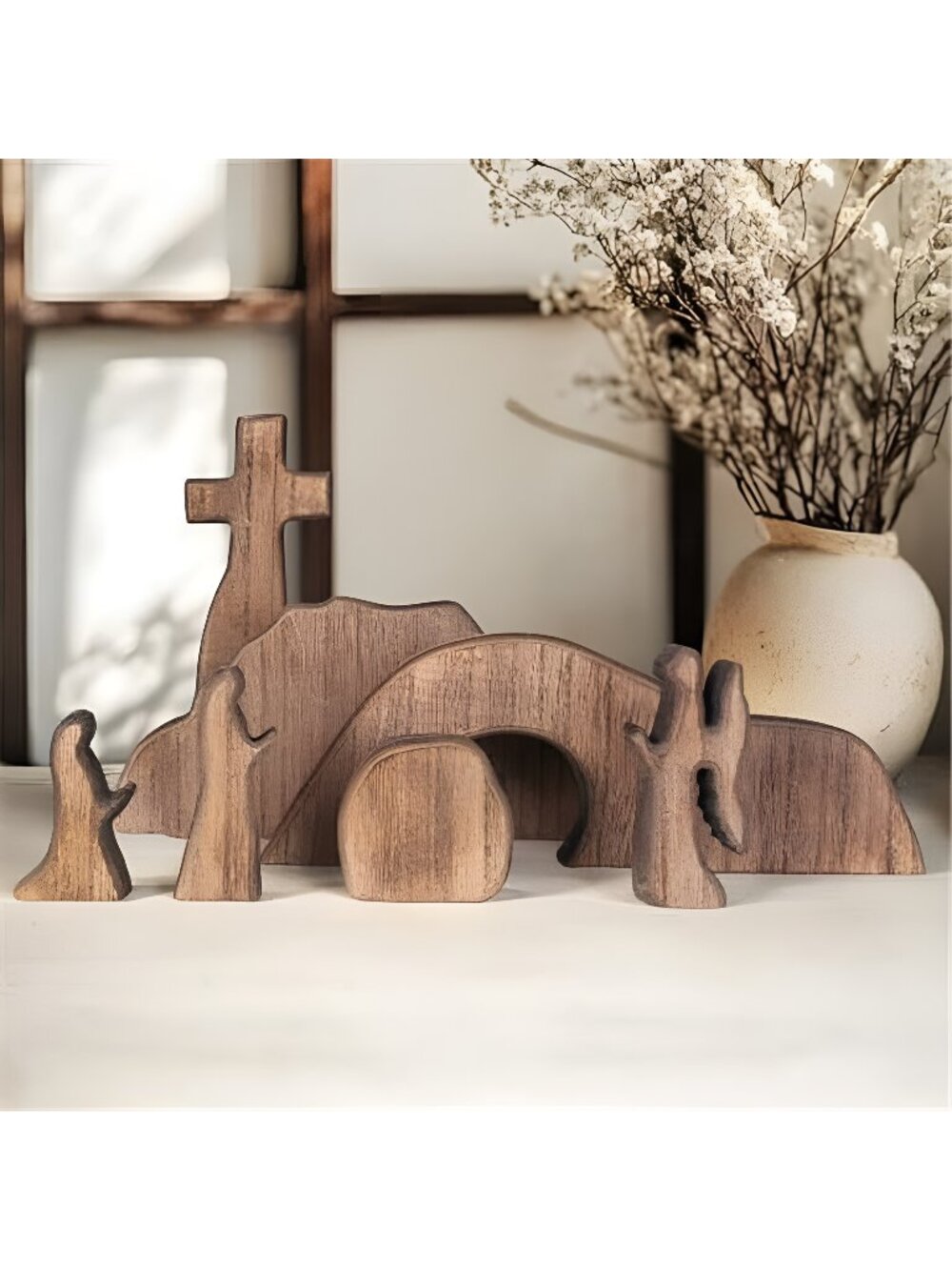 Empty Tomb Easter Scene and Cross Decoration, Wooden Easter Resurrection Scene
